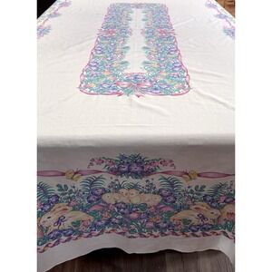Vintage Easter Tablecloth 60x100 Bunny Floral Basket Cottagecore Spring 1990s